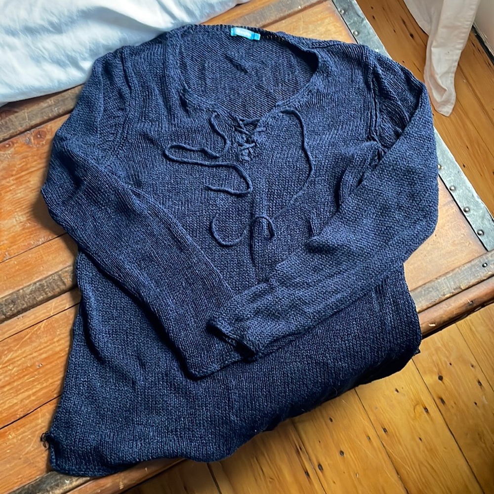 J.McLaughlin Knit Lace-Up Preppy Navy Blue Pullover Sweater